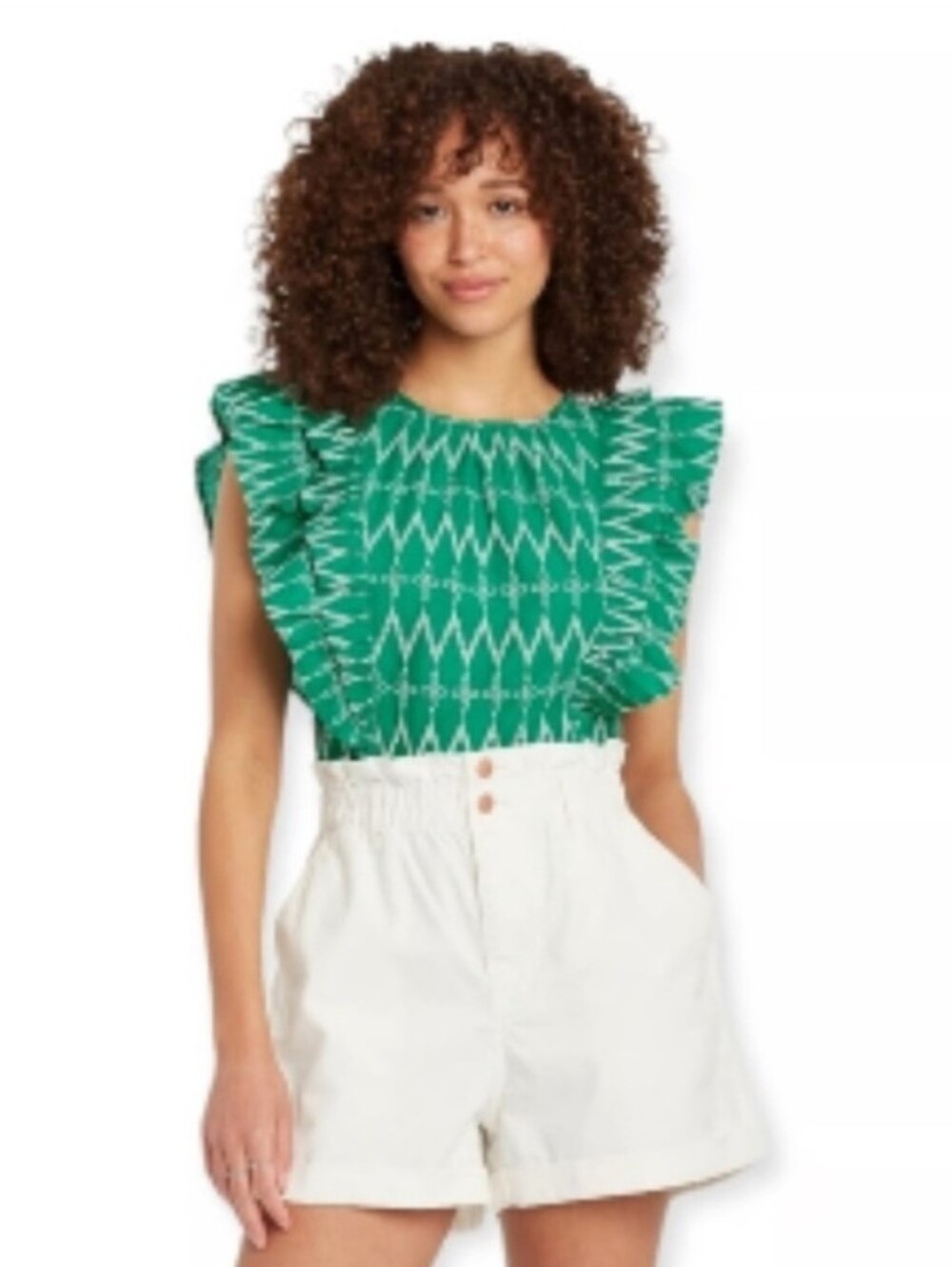 Universal Thread Green Ruffle Sleeve Printed Blouse Small